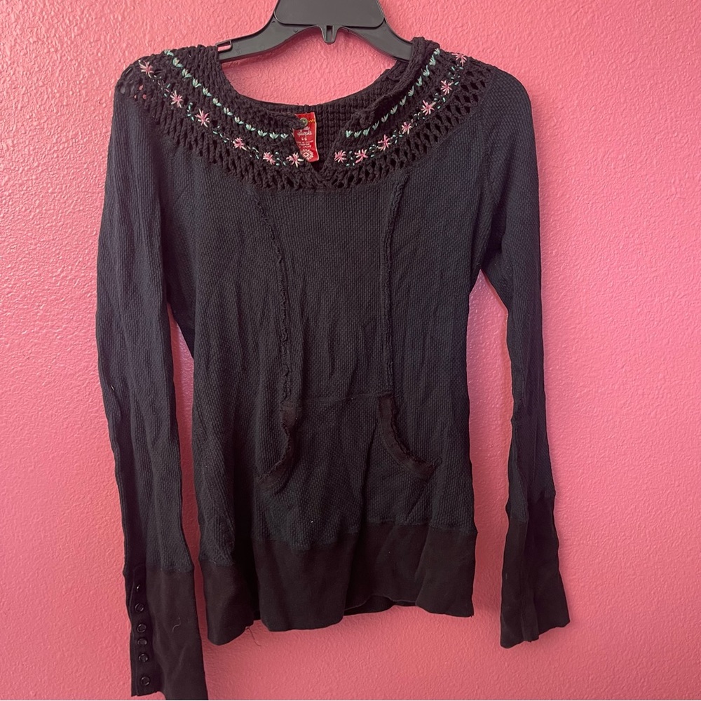 Free People crochet knit hoodie black sweater large